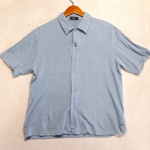 Theory Mens Ryder Button Flex Short Sleeve Linen Shirt Medium Blue